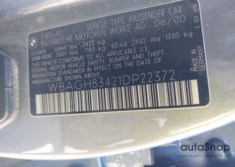 2001 BMW 740Il из США, поврежденный, VIN WBAGH83421DP22372